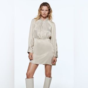 ZARA 🤎Silky Satin Knotted Cream Long Sleeve Dress Formal Minimalist Modern